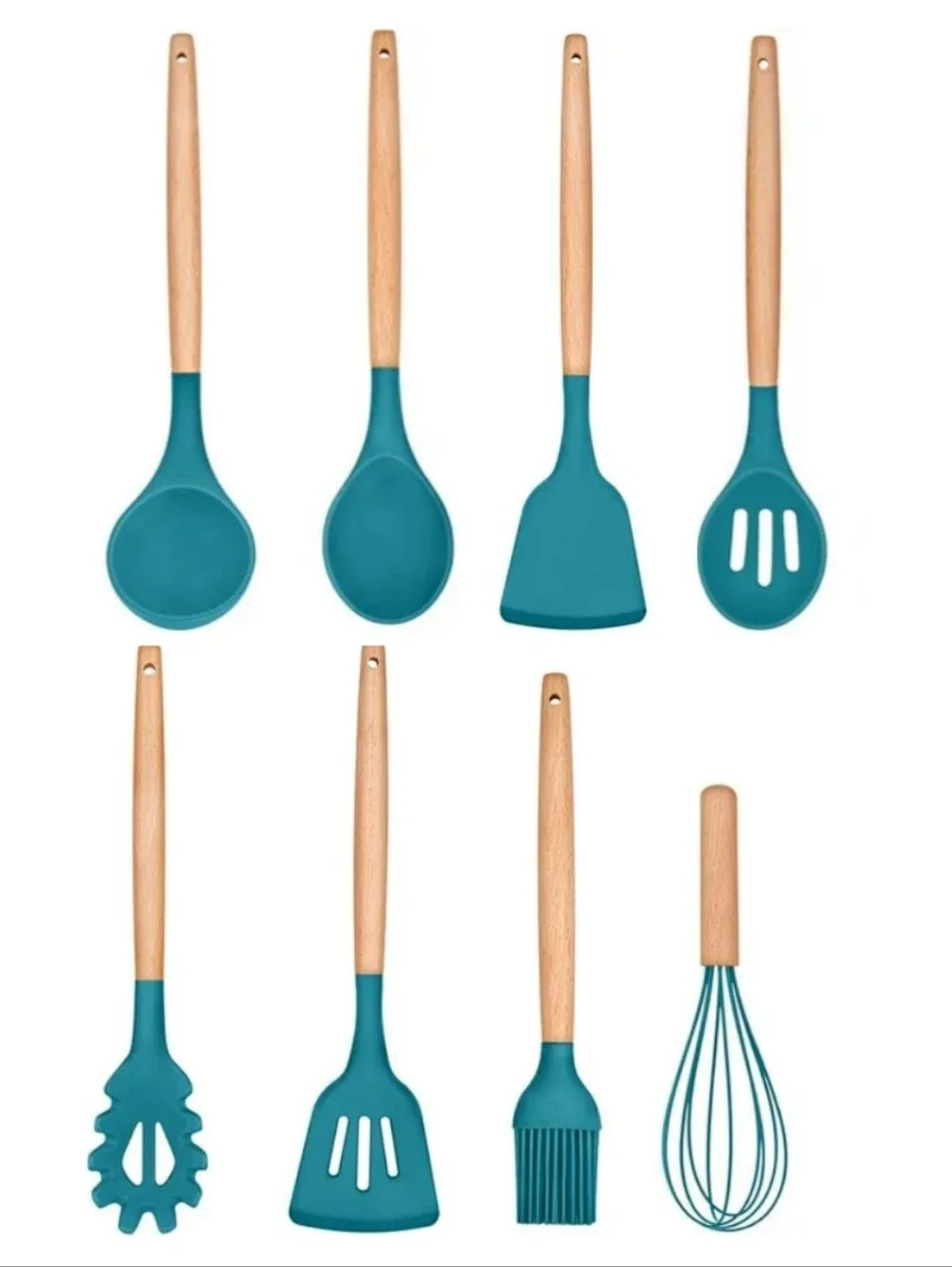 4/$15 🌻 Wood Handle Teal Silicone Kitchen Utensil Set - 8 Piece